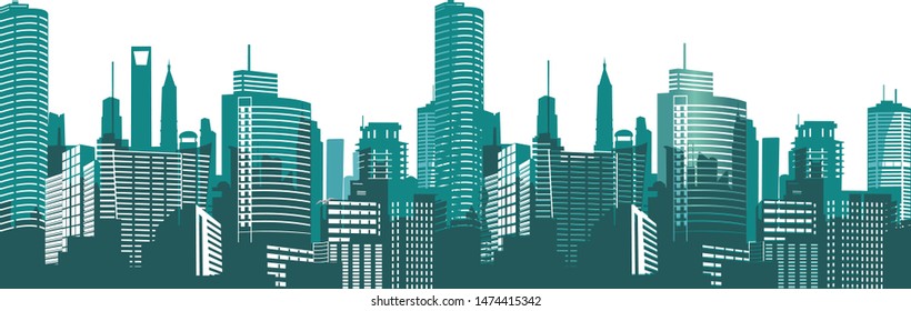 Silhouettes of houses of the city at night. Panorama of the metropolis. Vector illustration on white background