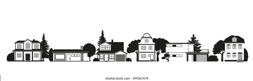 Silhouettes of houses of different architectural styles on suburban street