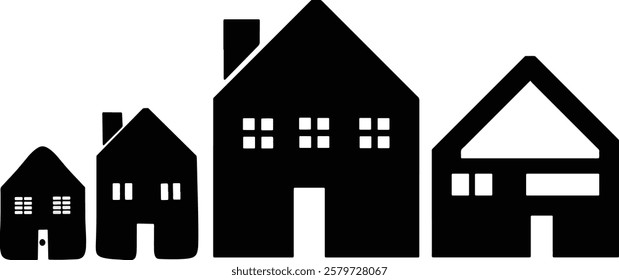 Silhouettes of houses in different sizes and architectural styles, illustrating progression and variety. Perfect for concepts related to housing, homeownership, real estate, or suburban life.