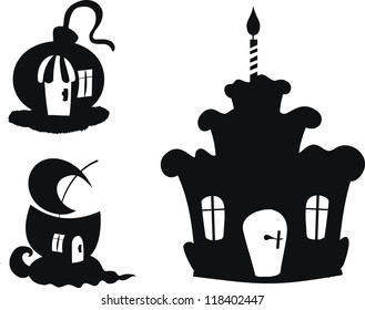 silhouettes of houses, fairy houses