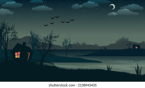 Silhouettes of houses with fences and trees on the banks of the reservoir against the backdrop of hills, coniferous forest, dark sky with the moon, clouds, stars, flying birds. Vector.