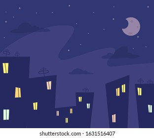 silhouettes of houses with light in the windows at night