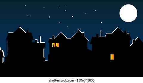 Silhouettes of houses with luminous windows on the background of the night sky with the moon and stars. In one of the apartments in the window you can see the silhouettes of a man and a cat. Vector il