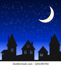 Silhouettes of houses at night with starry night and moon vector illustration