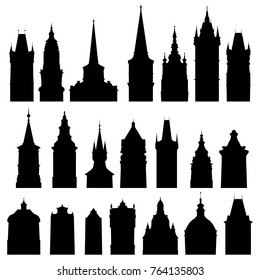 silhouettes of houses and towers, isolated urban vector elements, hand drawn illustration