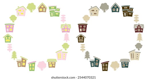 Silhouettes of houses and trees arranged vertically in a circle - Images of Spring and Autumn -