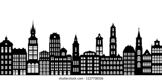 silhouettes of houses, urban vector background, old european city, hand drawn illustration