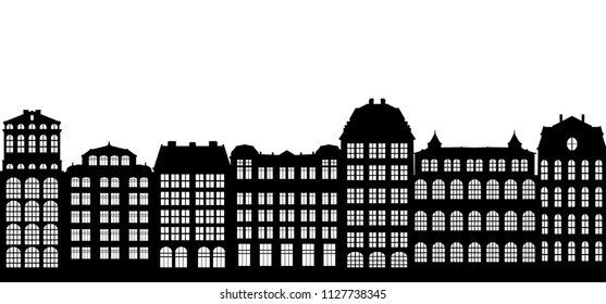 silhouettes of houses, urban vector background, old european city, hand drawn illustration