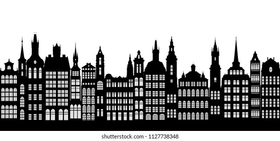 silhouettes of houses, urban vector background, old european city, hand drawn illustration