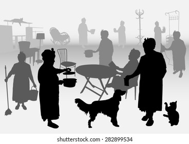 silhouettes of housewives who do homework in home