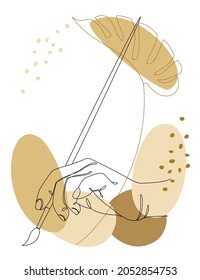 Silhouettes of a human hand drawing with a brush in a modern style in one line and plant leaves. Solid line, decor sketches, posters, murals, stickers, logo. Vector illustration.