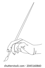 Silhouettes of a human hand that draws with a brush in a modern style in one line. Solid line, decor sketches, posters, wall art, stickers, logo. Vector illustration.