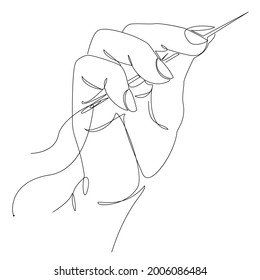 Silhouettes of a human hand that sews with a needle and thread in a modern style of one line. Continuous line drawing, outline for decor, posters, wall art, stickers, logo. Vector illustration.