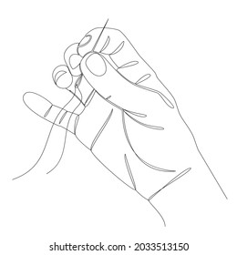 Silhouettes of a human hand that sews with a needle and thread in a modern style of one line. Continuous line drawing, outline for decor, posters, wall art, stickers, logo. Vector illustration.