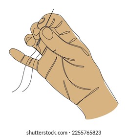 Silhouettes of a human hand that sews with a needle and thread in a modern style of one line. Continuous line drawing, outline for decor, posters, wall art, stickers, logo. Vector illustration.