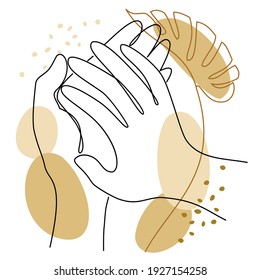 Silhouettes of human hands, applause, in a modern style one line and plant leaves. Continuous line drawing, outline for decor, posters, wall art, stickers, logo. Vector illustration.