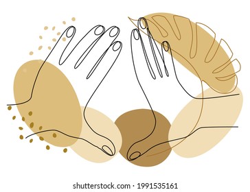Silhouettes of human hands, applause, in a modern style one line and plant leaves. Continuous line drawing, outline for decor, posters, wall art, stickers, logo. Vector illustration.