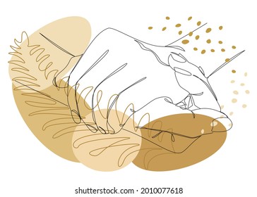 Silhouettes de manos humanas, aplausos, en un estilo moderno una línea y hojas de planta. Dibujo continuo, contorno de decoración, carteles, arte mural, pegatinas, logotipo. Ilustración vectorial.