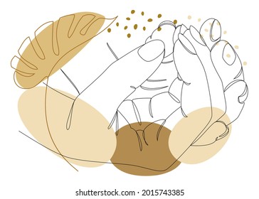 Silhouettes of human hands, applause, in a modern style one line and plant leaves. Continuous line drawing, outline for decor, posters, wall art, stickers, logo. Vector illustration.