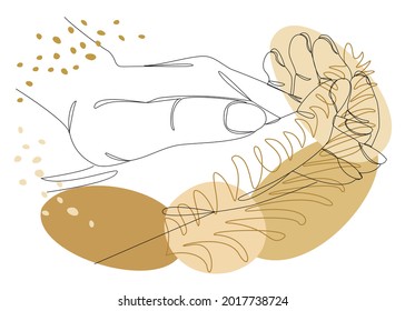 Silhouettes de manos humanas, aplausos, en un estilo moderno una línea y hojas de planta. Dibujo continuo, contorno de decoración, carteles, arte mural, pegatinas, logotipo. Ilustración vectorial.