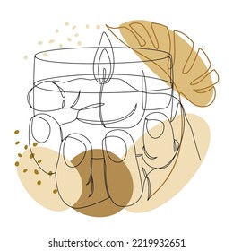 Silhouettes of human hands with a candle and plant leaves in a modern single line style. Continuous line drawing, home decor outline, posters, wall art, stickers, logo. Vector illustration.