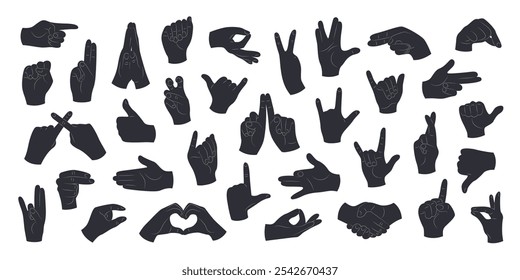 Silhouettes of human hands with different gestures and positions. Hands showing rock sign, call me, luck, greeting, dislike, fist, love. Isolated black vector illustrations on a white background.