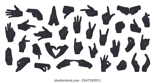 Silhouettes of human hands with different gestures and positions. Hands showing rock sign, OK, luck, greeting, like, dislike, fist, love. Isolated black vector illustrations on a white background.