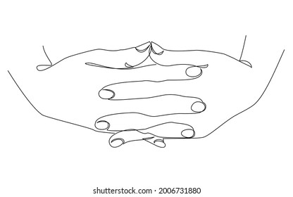 Silhouettes of human hands folded into a castle, in a modern one line style. Continuous line drawing, aesthetic outline for home decor, posters, wall art, stickers, logo. Vector illustration.