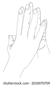 Silhouettes of human hands folded into a castle, in a modern one line style. Continuous line drawing, aesthetic outline for home decor, posters, wall art, stickers, logo. Vector illustration.