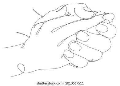 Silhouettes of human hands folded into a castle, in a modern one line style. Continuous line drawing, aesthetic outline for home decor, posters, wall art, stickers, logo. Vector illustration.