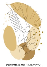 Silhouettes of human hands holding a hairbrush, in a modern one-line style, and plant leaves. Continuous line drawing, contour for decor, posters, wall art, stickers, logo. Vector illustration.