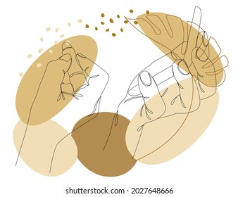 Silhouettes of human hands. Makeup, lipstick and mirror in a modern style one line and plant leaves. Solid line sketches for decor, posters, stickers, logo. Vector illustration.