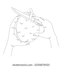 Silhouettes de manos humanas en un estilo moderno en una línea. Pelea papas con un cuchillo. Línea sólida, bocetos, pegatinas, logotipo. Ilustración vectorial.