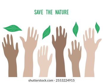 Guardar Siluetas de manos humanas alcanzando hojas verdes. El concepto de ecología, vamos a la naturaleza juntos. Guardar Voluntarios de diferentes razas en el medio ambiente. Adecuado para carteles, volantes, Anuncios.