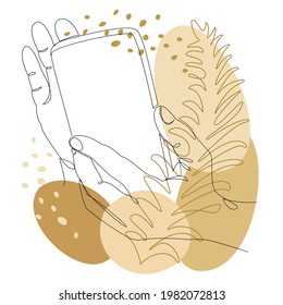 Silhouettes of human hands with a telephone and plant leaves in a modern one line style. Continuous line drawing, aesthetic outline for decor, posters, wall art, stickers, logo. Vector illustration.