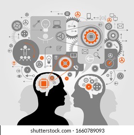 Silhouettes of human heads, gears and speech bubbles. Communication between people. Business process concept. The origin of the idea. Thinking process. Training.