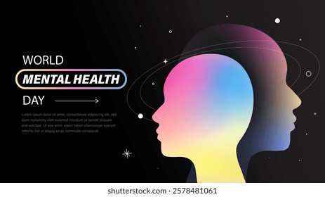 Silhouettes of human heads with gradient colors against a black background, highlighted by text WORLD MENTAL HEALTH DAY. Concept of awareness. Vector illustration