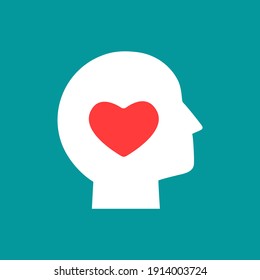 Silhouettes of human's head  with big heart. Love, emotions, feelings simple icon. Isolated on white. Romantic relationship pictogram. Saint Valentine sign. 