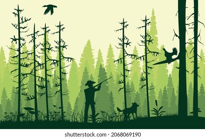 Silhouettes de cazador con perro y bosque, árboles y animales salvajes siluetas verde oscuro.