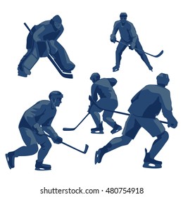 Silhouettes ice hockey players: defenders, forwards and goalkeeper. Sport action vector illustration.