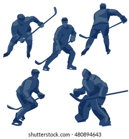 Silhouettes ice hockey players: defenders, forwards and goalkeeper. Sport action vector illustration.