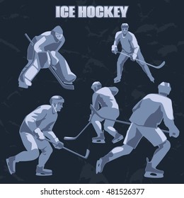 Silhouettes ice hockey players: defenders, forwards and goalkeeper. Sport action vector illustration for your design on dark abstract background.