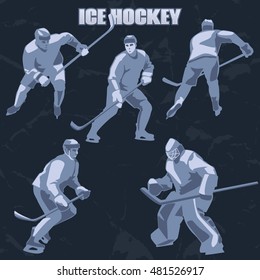 Silhouettes ice hockey players: defenders, forwards and goalkeeper. Sport action vector illustration for your design on dark abstract background.