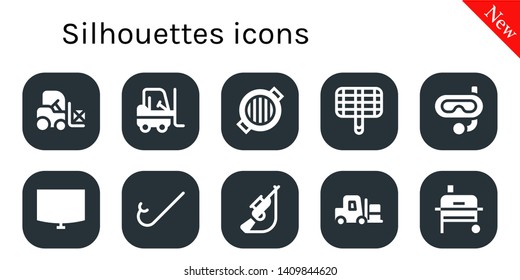 silhouettes icon set. 10 filled silhouettes icons.  Collection Of - Forklift, Grill, Snorkel, Night stand, Hunting