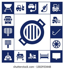  silhouettes icon set. 17 filled silhouettes icons.  Simple modern icons about  - Grill, Forklift, Snorkel, Spoke wheel, Thatbyinnyu temple, Hunting, Cot, Night stand