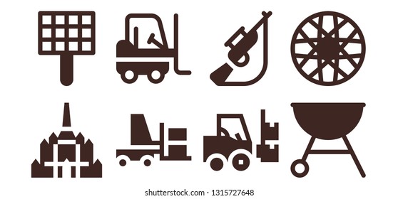 silhouettes icon set. 8 filled silhouettes icons.  Simple modern icons about  - Thatbyinnyu temple, Grill, Forklift, Hunting, Spoke wheel