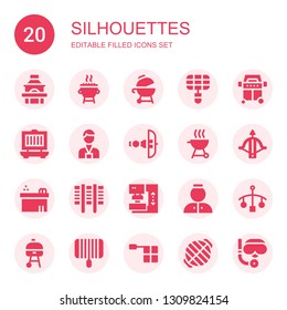silhouettes icon set. Collection of 20 filled silhouettes icons included Grill, Press, Crossbow, Jacuzzi, Bellhop, Cot, Offside, Scuba diving
