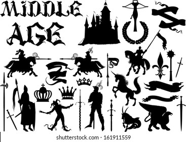 silhouettes and icons on the medieval theme. Black and white isolated on white