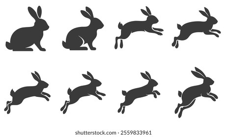 A Silhouettes icons of rabbits in various poses, including sitting and leaping, showcasing dynamic movement and playful energy