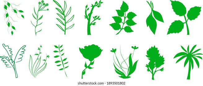 Silhouettes iconos conjuntos vectores hojas y plantas en un estilo sencillo